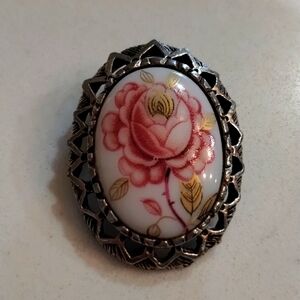 Hand painted pink rose floral brooch silver base pin back cameo vintage